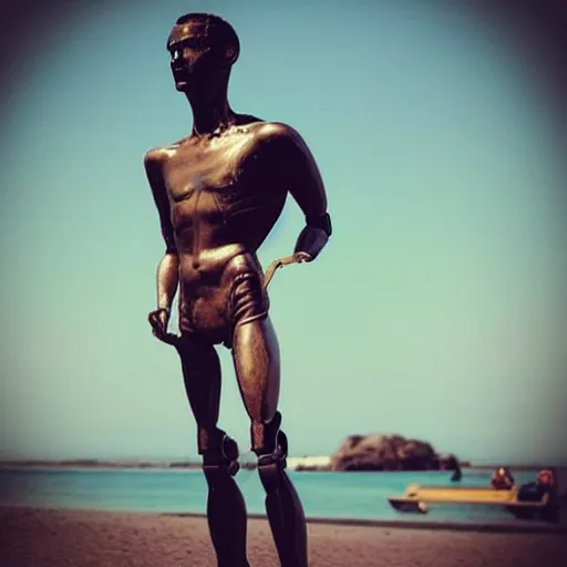 Image similar to “a realistic detailed photo of a guy who is an attractive humanoid who is half robot and half humanoid, who is a male android, Mike the Situation, shiny skin, posing like a statue, blank stare, at the beach, on display”