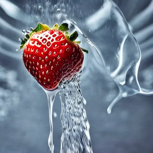 Image similar to a close up photo of milk pouring over a strawberry, macro, highly detailed,