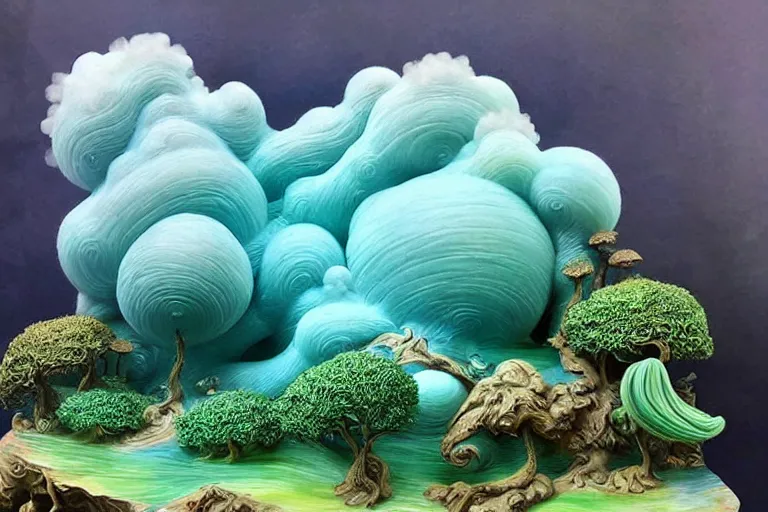 Prompt: a huge flock of many smooth puffy marvelous cloud sculptures and whirling ultra detailed gemstone crystal sculptures, art nouveau jungle environment, playful, award winning art, epic dreamlike fantasy landscape, ultra realistic,