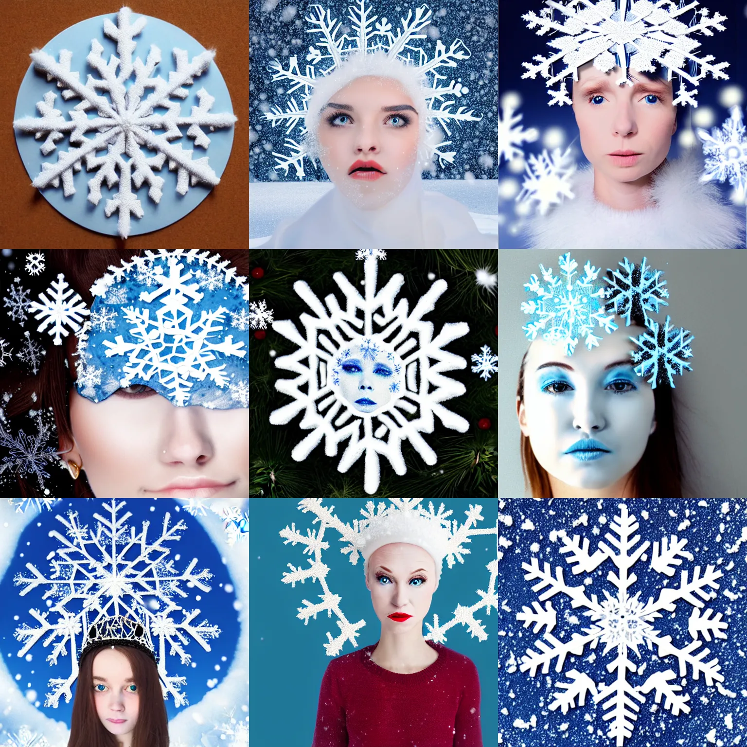 Prompt: surreal photography snowflake with embroidered snow queen face