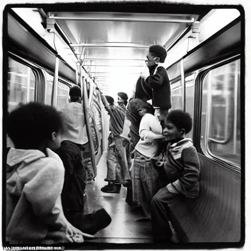 Image similar to “ kids riding on top of a new york city subway car, photograph by henri cartier - bresson ”