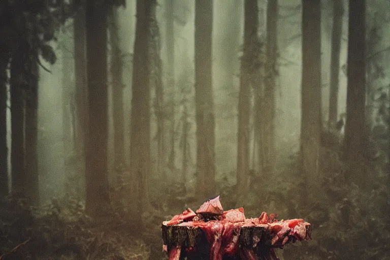 Image similar to terrible dark forest in the depths of which there is a large butcher chopping meat on a wooden stump from Dota 2 filmed hidden on a phone camera, Cinematic, wildlife photography, 35mm, photo on iphone