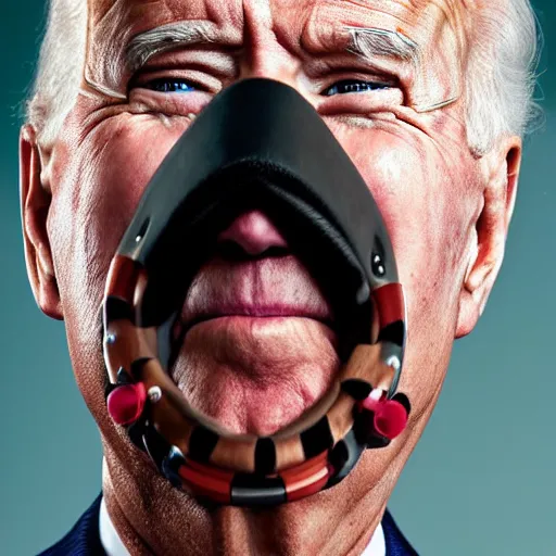 Prompt: uhd candid photo of joe biden wearing a real muzzle, with accurate face, uhd, studio lighting, correct face, photo by annie leibovitz