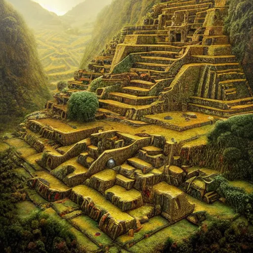 Prompt: intricate stunning highly detailed illustration of the inca lost city of gold, 🌱, by agostino arrivabene and vladimir kush, surreal, digital painting, ultra realistic, dramatic lighting, twisted vines, lush plants, gold, inca, pristine water, artstation