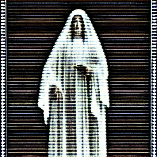 Image similar to vhs static overlay of marian apparition, vhs, 1 9 9 0, highly realistic, highly detailed, vhs noise static, black and white, vhs glitch