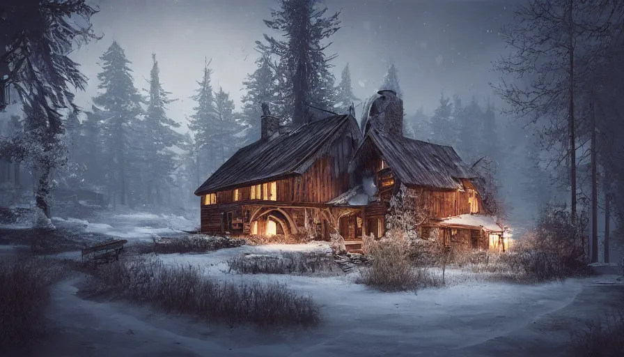 Image similar to old wooden house with smoking chimney built in snowy forest, path, wood storage, night, hyperdetailed, artstation, cgsociety, 8 k