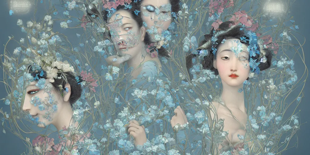 Image similar to breathtaking detailed concept art painting art deco pattern of faces goddesses amalmation light - blue flowers with anxious piercing eyes and blend of flowers and birds, by hsiao - ron cheng and john james audubon, bizarre compositions, exquisite detail, extremely moody lighting, 8 k