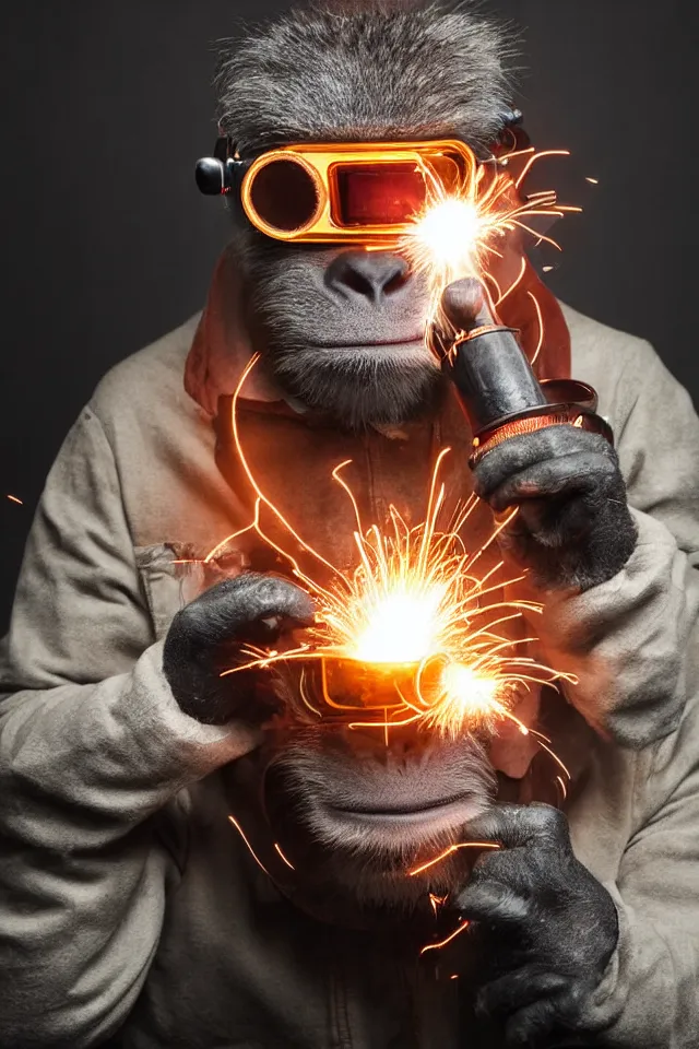Image similar to portrait photograph a super villain wearing a monkey mask and welding goggles medium shot, dark background, lit from above,