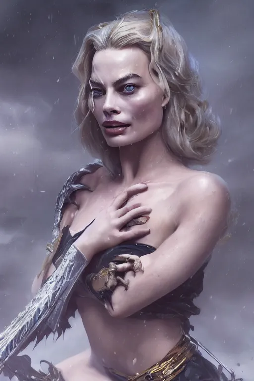 Prompt: a fancy portrait of Margot Robbie as lady death by Greg Rutkowski, Sung Choi, Mitchell Mohrhauser, Maciej Kuciara, Johnson Ting, Maxim Verehin, Peter Konig, Bloodborne, macro lens, 35mm, 8k photorealistic, cinematic lighting, HD, high details, atmospheric,