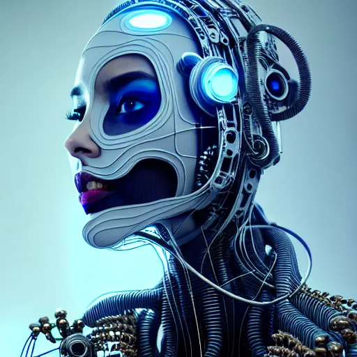 Prompt: portrait of an absurdly beautiful, graceful, sophisticated, fashionable cyberpunk mechanoid, wires, machines, skulls, digital displays, hyperdetailed illustration by irakli nadar and alexandre ferra, intricate linework, white porcelain skin, vr headset, unreal engine 5 highly rendered, global illumination, radiant light, detailed and intricate environment