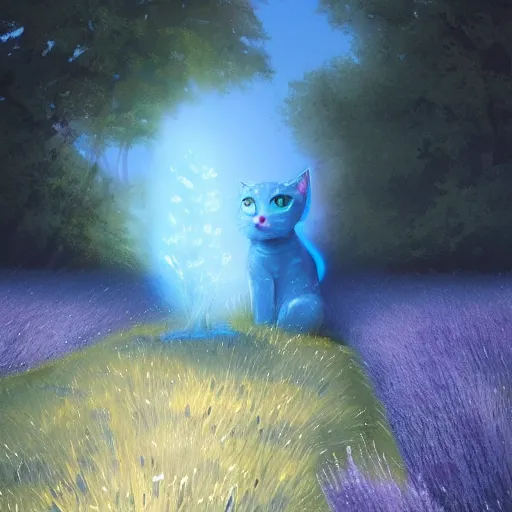 Prompt: illustration of a glowing cute blue cat in grassy field with trees and lavender, concept art, art by greg rutkowski and artstation