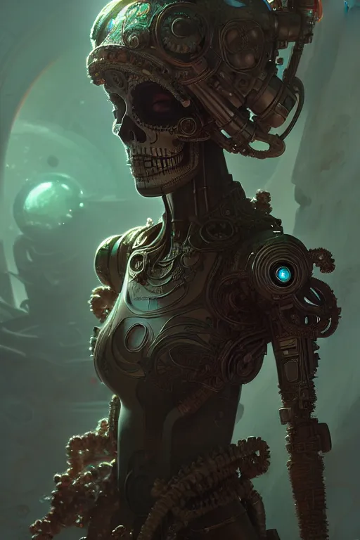 Prompt: ultra detailed female android, scifi, fantasy, octane render, ( dia de los muertos ), asymmetrical, intricate concept art, intricate detailed environment, global illumination, art by godmachine and michael welan and dzo and greg rutkowski and alphonse mucha and loish and wlop