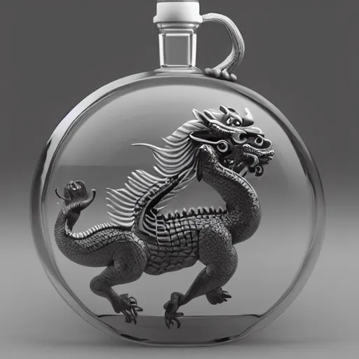 Image similar to transparent ancient boar flask with a Chinese dragon, raytracing, orthographic 3d rendering, octane render