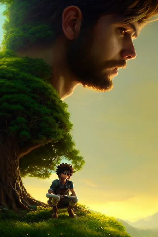 Image similar to cinematic shot of an epic portrait of link and the deku tree, shiny skin, beautiful eyes, beautiful, small details, night setting, realistic poster with volumetric light from craig mallism, artgerm, jeremy lipkin and michael garmash, unreal engine, radiant light, detailed and complex environment, digital art, trends at art station, a masterpiece