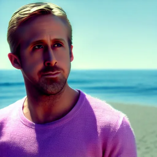 Image similar to ryan gosling robotic clothes in the beach purple sun, pink lighting ultra realistic photorealistic highly detailed high quality 8 k