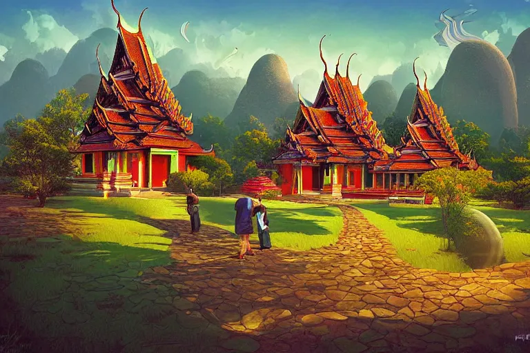 Prompt: summer morning, thai temple, rolling mountain, very coherent and colorful high contrast, art by gediminas pranckevicius, geof darrow, dark shadows, hard lighting