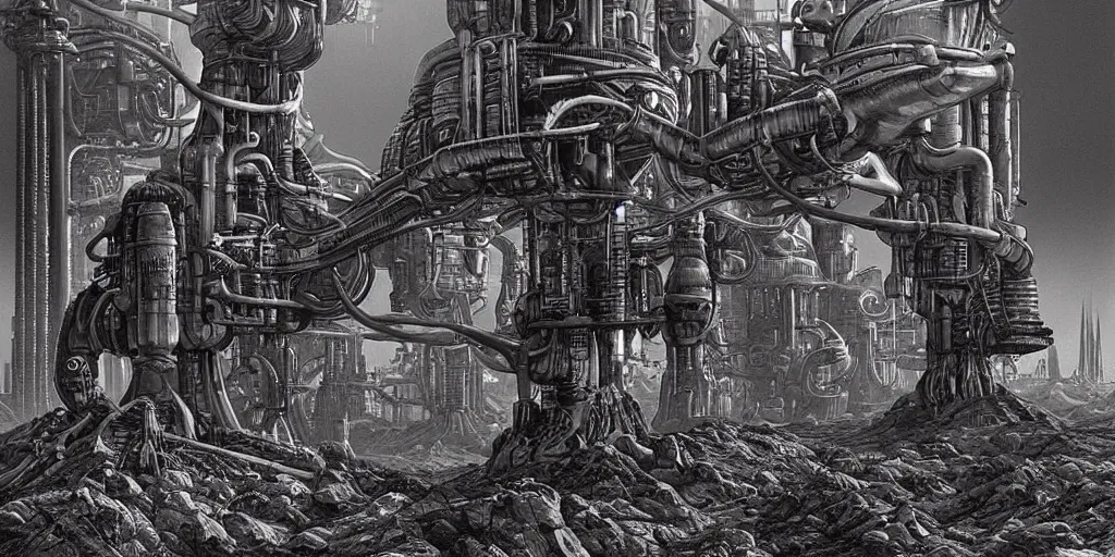 Image similar to a neverending non - euclidean factory in a bleak martian landscape, dieselpunk by hr giger