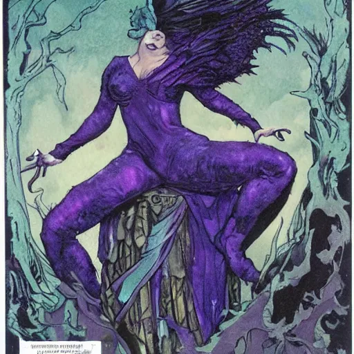 Image similar to young jennifer connelly as odile, gothic dark fae disney villain with black feathers instead of hair, wearing black and purple jumpsuit, zero g, reading a book, feathers growing out of skin, pulp sci fi, mike mignola, david mack, romantic, comic book cover, vivid, beautiful, illustration, highly detailed, oil painting