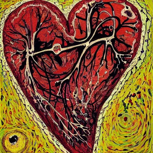 Image similar to anatomically correct! human heart, real heart, anatomic, painting by jackson pollock