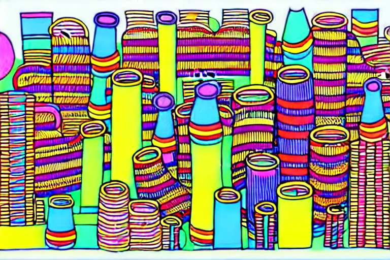 Image similar to an elaborate penned child illustration of a colorful intricate connected city of tubes and pipes, by martin handford and by jan van haasteren