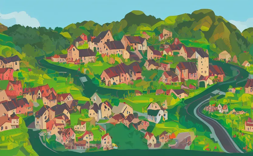 Image similar to a small village in a valley, villagers busy farming, a dragon approaching from a distance, zoomed in, vector, storybook, gouache, flat, sharp edges, concept art, print