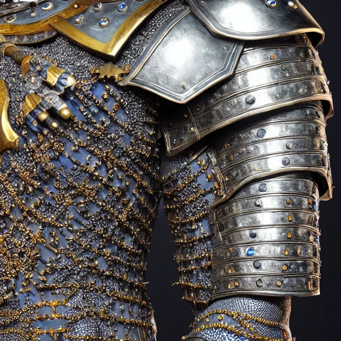 Prompt: full length photograph of a real-life warrior with sapphire encrusted intricate armour. Extremely detailed. 8k