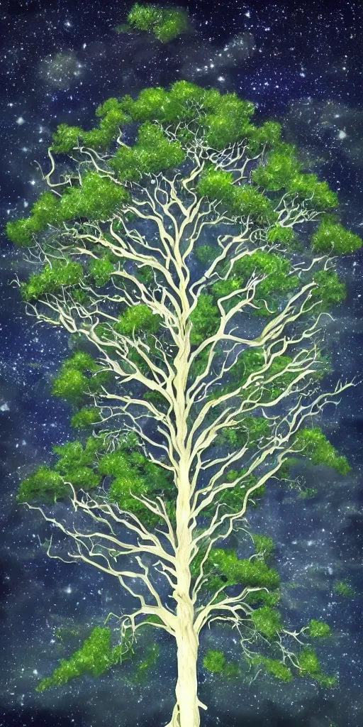 Prompt: world tree with branches in the stars and roots in the underworld, vast, epic, starry, lush, greenery