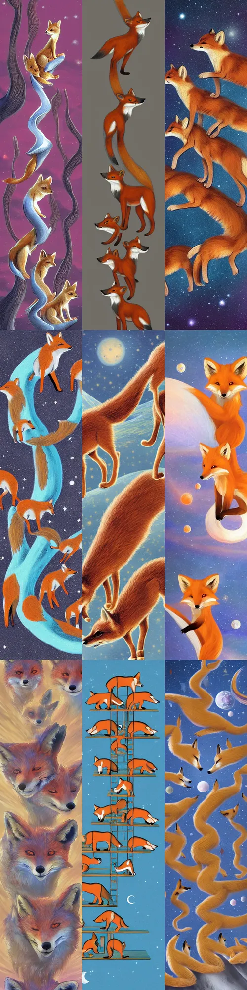 Prompt: foxes all the way down, infinitely tall stack of foxes going up forever and ever, surreal concept art, space