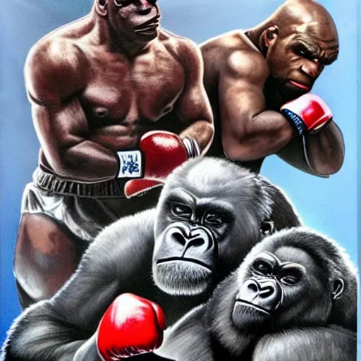 Image similar to harambe fighting mike tyson in the octagon, 9 1 1, happy, sad, ai, dream, realistic, detailed, lightning, 8 k