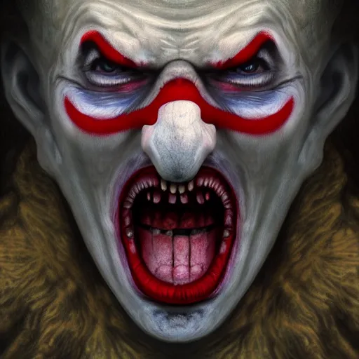 Image similar to portrait of an angry vampire clown ghost by Zdzisław Beksiński, irwin penn, realistic, digital art, unreal engine