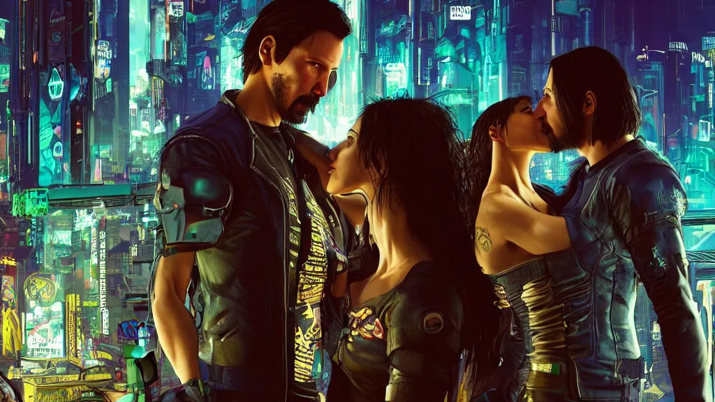 Image similar to a cyberpunk 2077 srcreenshot couple portrait of Keanu Reeves and a female android final kiss in night city,love,film lighting,by Lawrence Alma-Tadema,Andrei Riabovitchev,Laurie Greasley,Dan Mumford,John Wick,Speed,Replicas,artstation,deviantart,FAN ART,full of color,Digital painting,face enhance,highly detailed,8K,octane,golden ratio,cinematic lighting