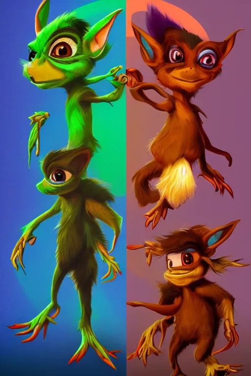 Image similar to colorful full body shot of gizmo gremlin and grogu, trending on artstation, trending on deviantart ,cinematic backlighting, 8k, symmetrical, correct proportions, hyper detail, studio disney