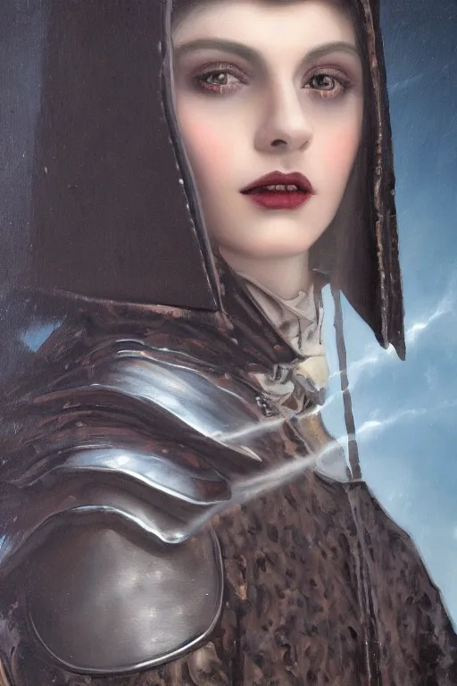 Image similar to hyperrealism oil painting, close - up portrait of european medieval brunette vampire fashion model, knight, steel gradient mixed with nebula sky, in style of baroque