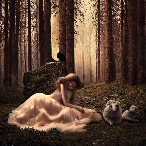 Image similar to by laura makabresku, by jason pearson, by mat collishaw defined claymation. a beautiful performance art of princess aurora singing in the woods while surrounded by animals. she looks so peaceful & content in the company of the animals, & the colors are simply gorgeous.