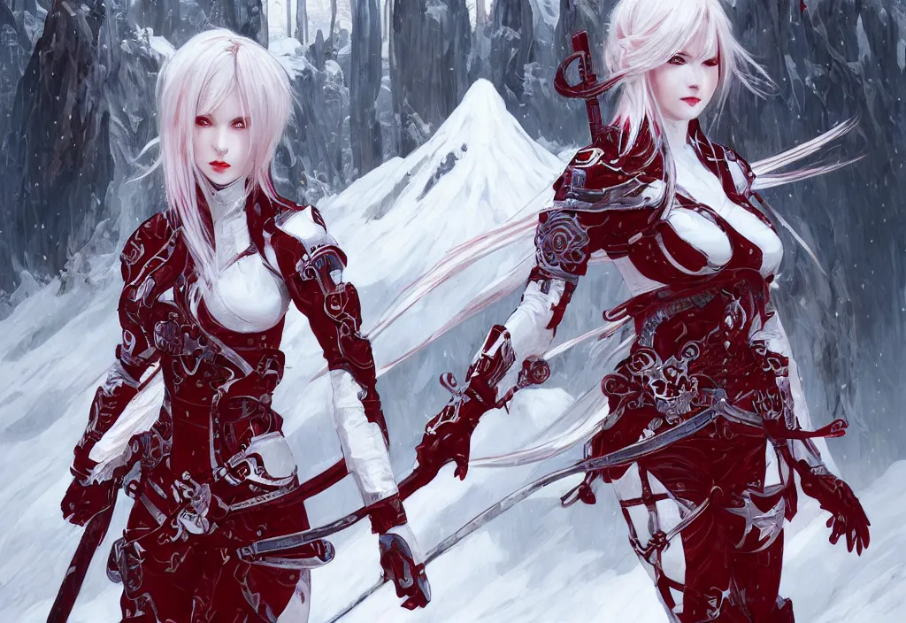 Image similar to portrait attractive ninja gaiden girl, armored white and red ninja wardrobe, at snowy fuji mountain, ssci - fi and fantasy, intricate and very very beautiful, detailed, digital painting, artstation, concept art, smooth and sharp focus, illustration, art by tian zi and wlop and alphonse mucha