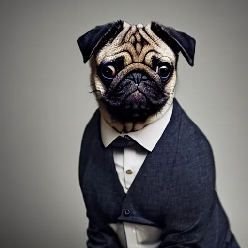 Image similar to pug in a suit, studio photography, canon r 6, cinematic light