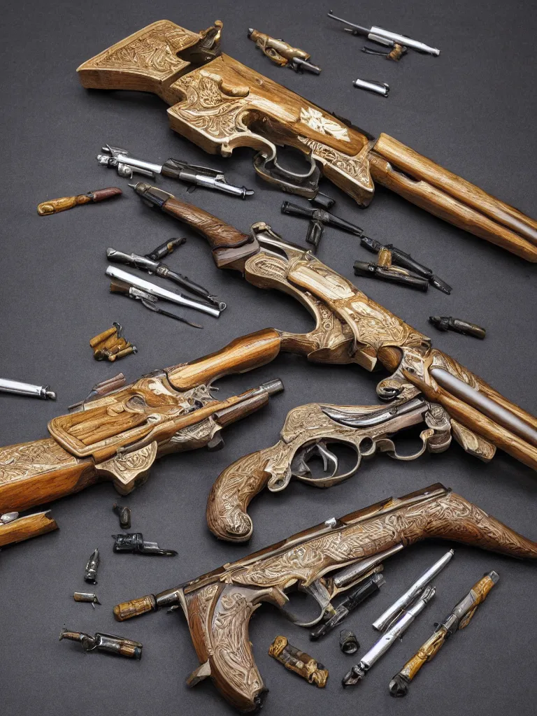 Prompt: carving of machine guns shotguns rifles revolvers bullets, dark vintage paperback cover, ultrarealistic, intricate details, 4k