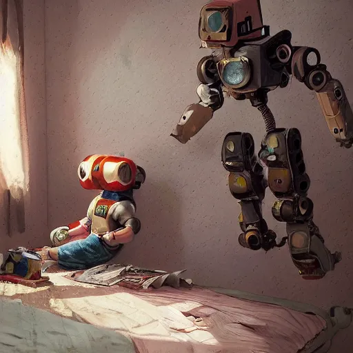 Prompt: a kid fixing his broken robot in his room, au naturel, hyper detailed, digital art, trending in artstation, cinematic lighting, studio quality, smooth render, unreal engine 5 rendered, octane rendered, art style by klimt and nixeu and ian sprigger and wlop and krenz cushart