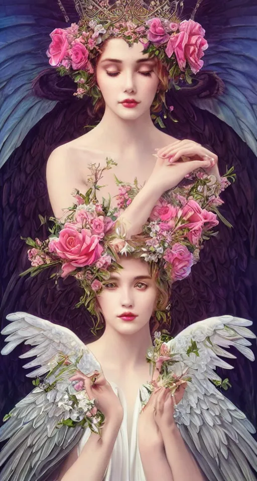 Prompt: beautiful young girl vaporwave aesthetic, synthwave, intricate, elegant, highly detailed, digital painting, wearing long gown, angelic wings, halo, crown, roses, ravens, flowers over her eyes, artstation, concept art, smooth, sharp focus, illustration, art by artgerm and greg rutkowski and alphonse mucha