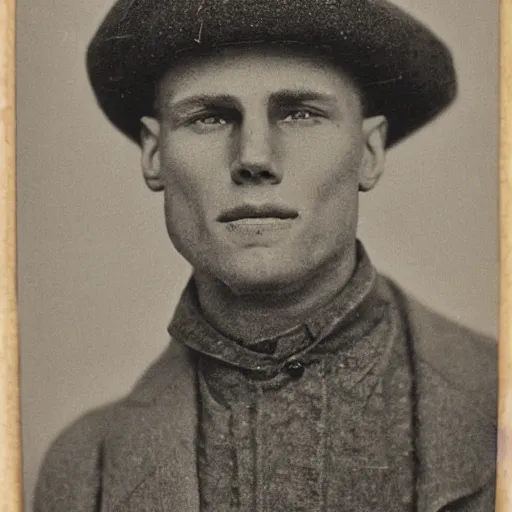 Image similar to A photograph portrait of Jerma985 wearing a newsboy cap in the early 1900s, taken in the early 1900s, grainy, taken on a early 1900s Kodak Camera, realistic, hyperrealistic, very realistic, highly detailed, very detailed, extremely detailed, detailed, digital art, trending on artstation