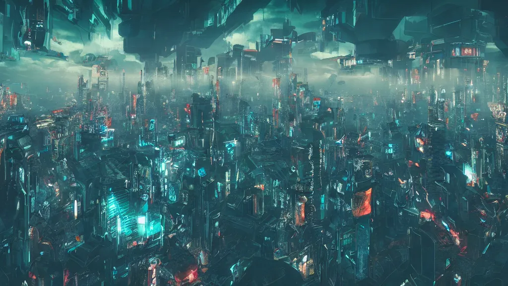 Prompt: cyberpunk style city from future, bird view, professional photo, ominous sky, ultra detailed, wallpaper, 4 k, foggy background, artstation, federico pelat