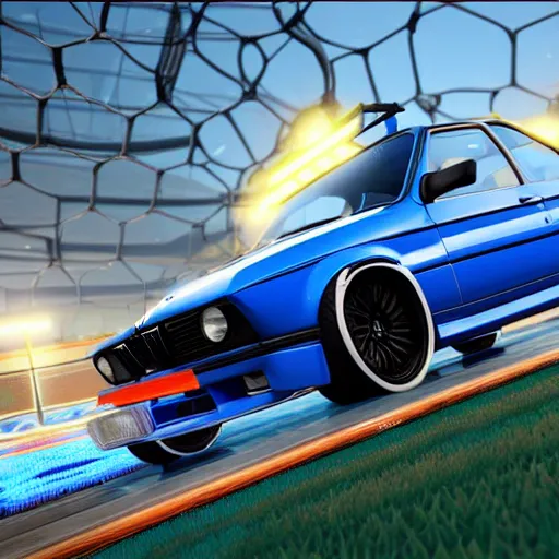 Image similar to a blue bmw e30 in the video game rocket league, rendered in unreal engine