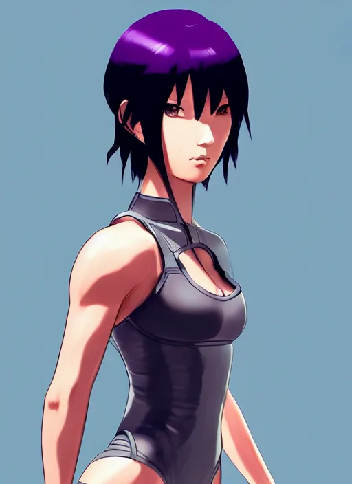 Prompt: color digital pen lineart sketch of athletic motoko kusanagi, by gnomon, by ilya kuvshinov, trending on pixiv fanbox