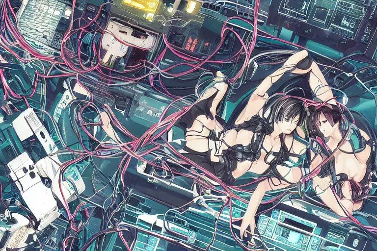 Image similar to cyberpunk anime illustration of a group of female androids lying on an empty white floor in various poses with their bodies open showing a tangled mess of wires and cables coming out, by katsuhiro otomo and masamune shirow, hyper-detailed, colorful, beautiful, bird view