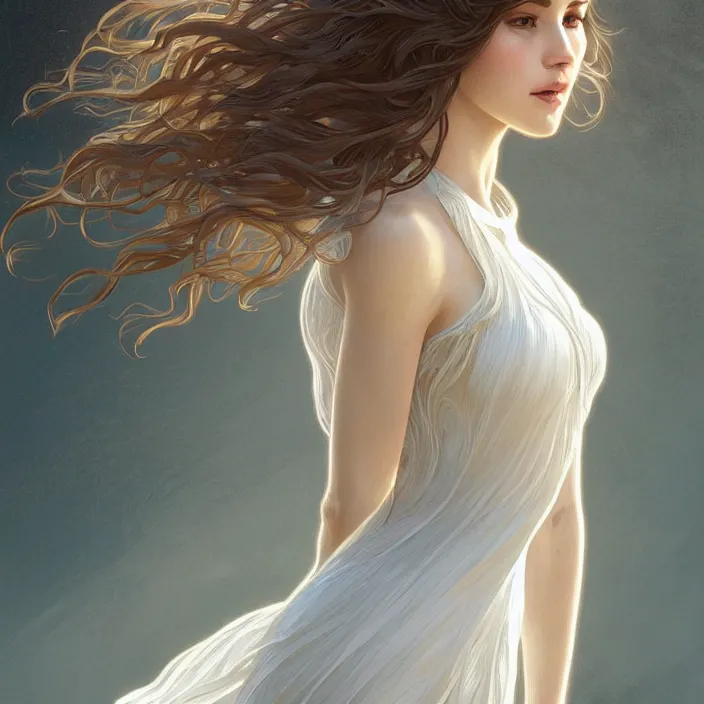 Image similar to long shot, woman posing, short wavy hair, round face, intricate white dress, cottagecore!!, inside water, intricate, enlightened, highly detailed, digital painting, artstation, concept art, smooth, sharp focus, illustration, art by artgerm and greg rutkowski and alphonse mucha