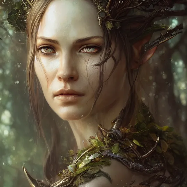 Prompt: close up portrait of a beautiful female elven warrior, magical forest background fantasy atmosphere. art by greg rutkowski. highly detailed, intricate, lifelike. sci - fi, fantasy, magical, nikon d 8 5 0.