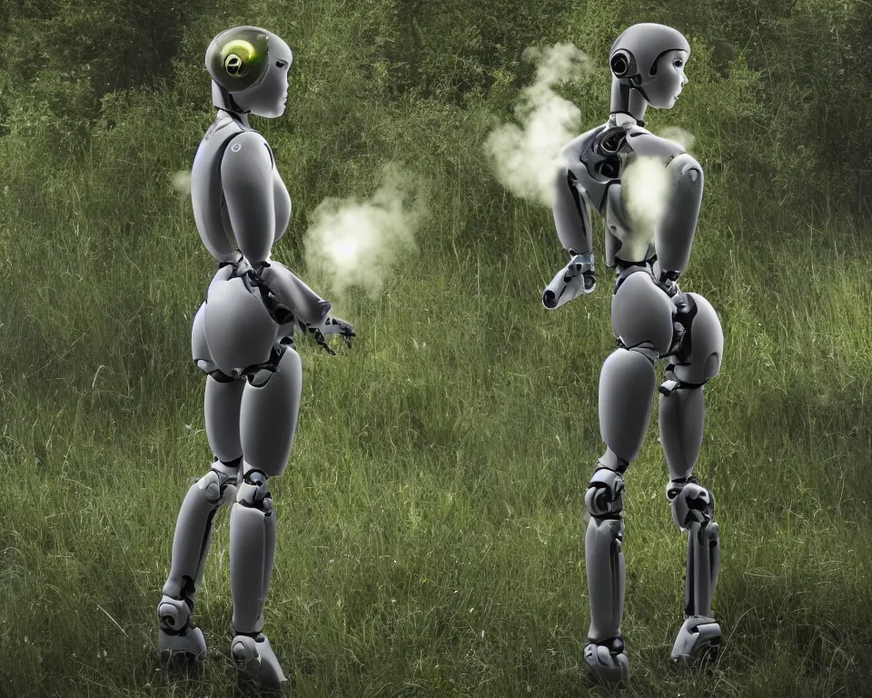 Image similar to rear of a realistic humanoid female robot surrounded by green gas, rea