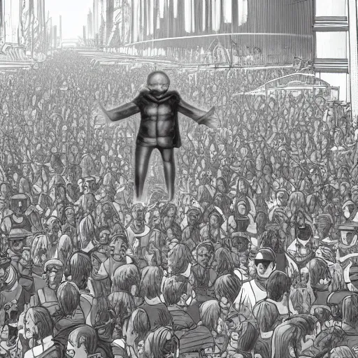 Image similar to landscape of crowd running away scared from a giant with bitcoin face, artstation, highly detailed, hyper-realistic, 8k