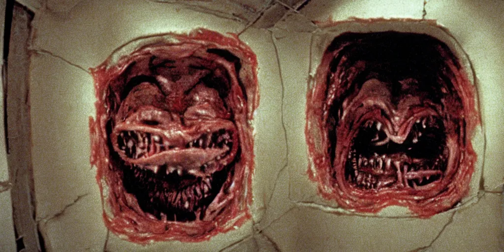 Image similar to filmic extreme wide shot movie still 4k UHD interior 35mm film color photograph of a a detached snarling distorted deformed human head protruding out of a mutated abstract shape shifting organism made of human internal organs, in the style of a horror film The Thing 1982