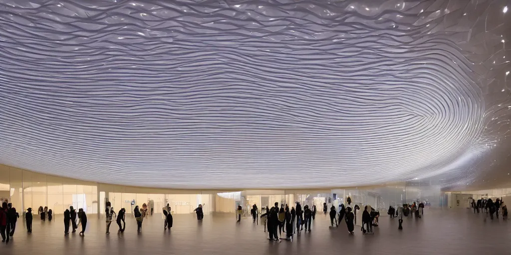 Image similar to extremely detailed awe ornate stunning beautiful futuristic smooth curvilinear elegant retail apple store interior by zaha hadid, translucent gills, stunning volumetric light, stainless steel, concrete, translucent material, beautiful sunset, hyper real, 8 k, colorful, 3 d cinematic volumetric light, atmospheric light